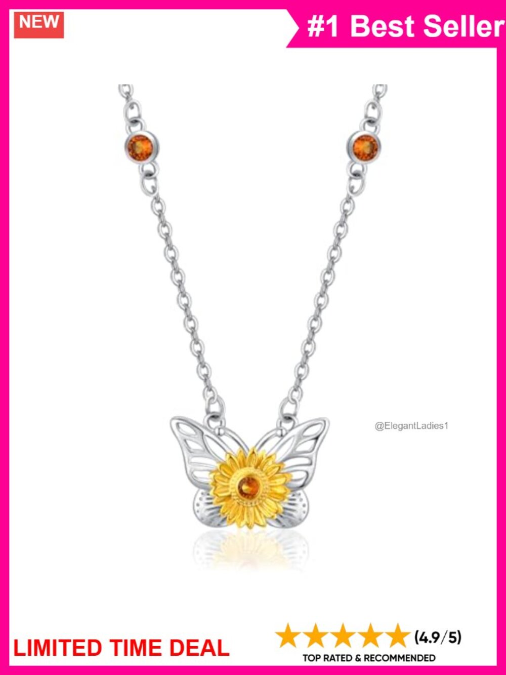 925 Sterling Silver Butterfly Sunflower Pendant Necklace